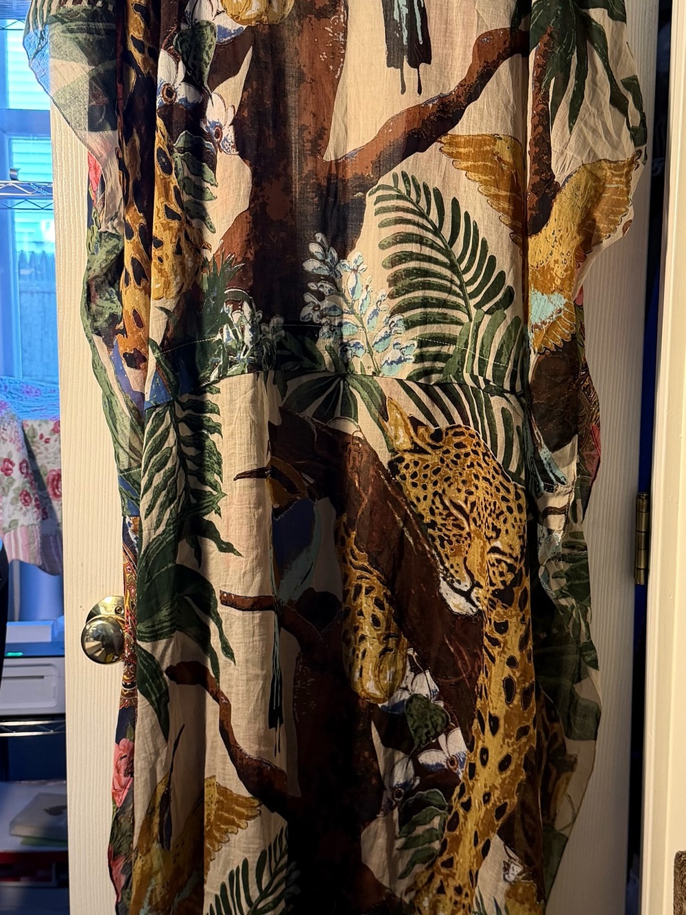 Aratta Mixed Print Long Kimono Duster Tropical Leopard Bird Floral Boho OS - Picture 6 of 9